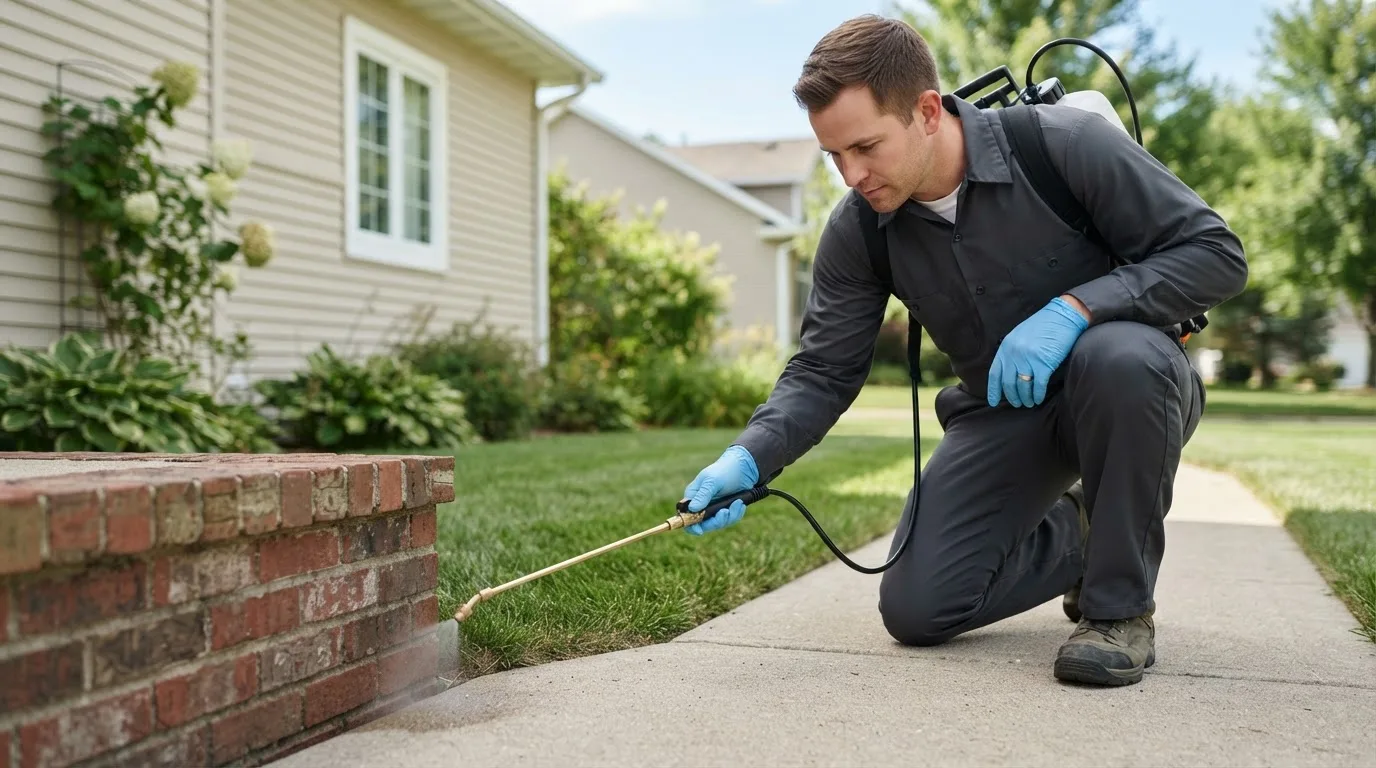 Pest control technician treating a home near Truesdale, IA
