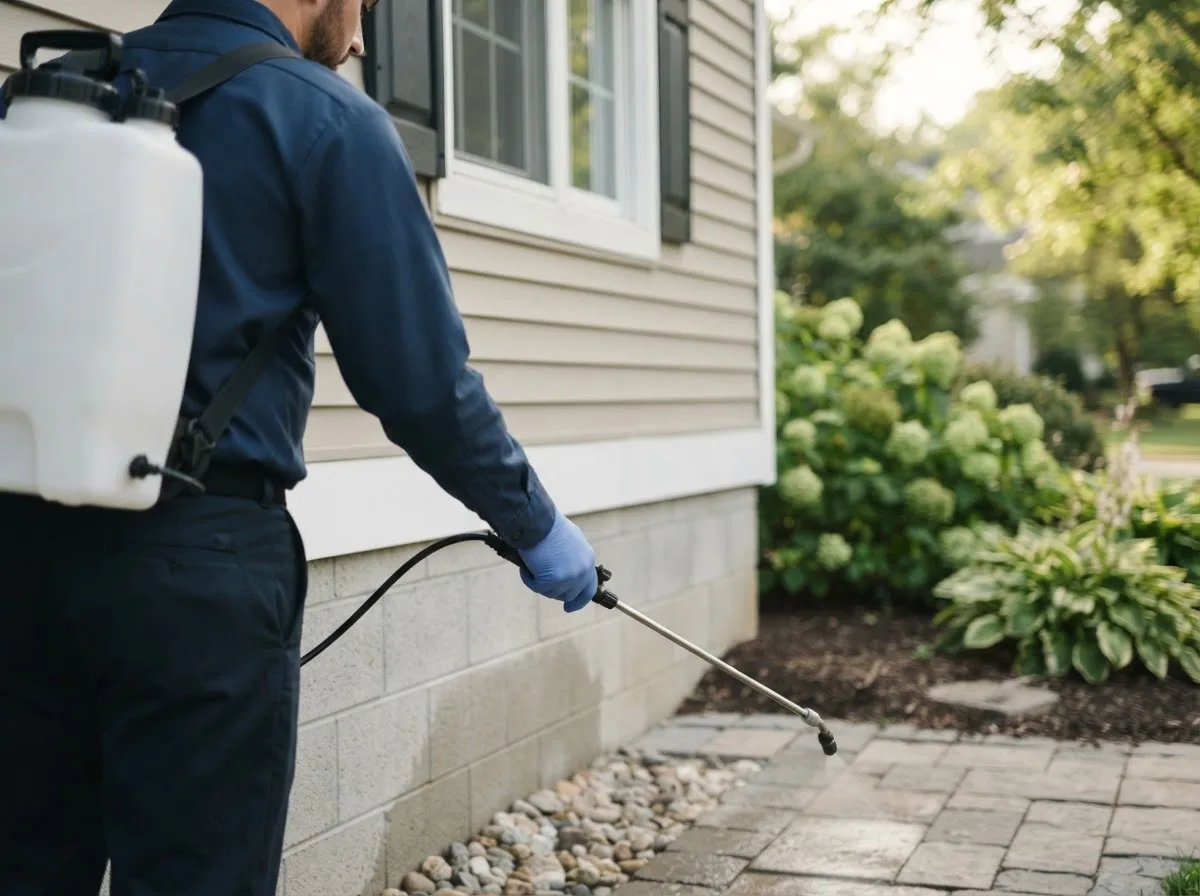 Pest control technician inspecting a home in Truesdale, IA